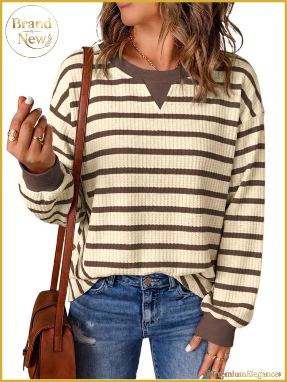 Womens Striped Waffle Knit Crewneck Long Sleeve Pullover Sweater
